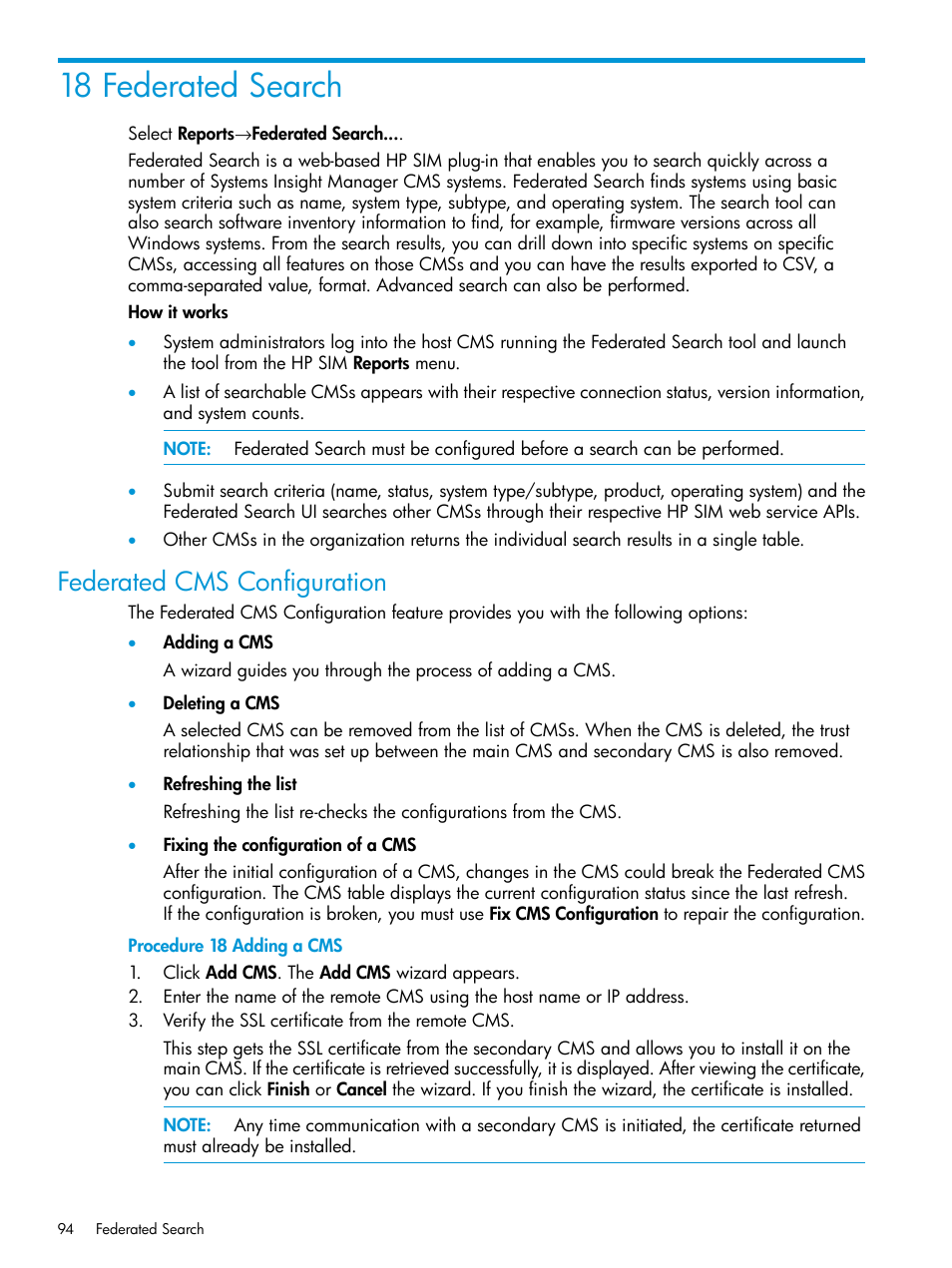 18 federated search, Federated cms configuration | HP Systems Insight Manager User Manual | Page 94 / 259