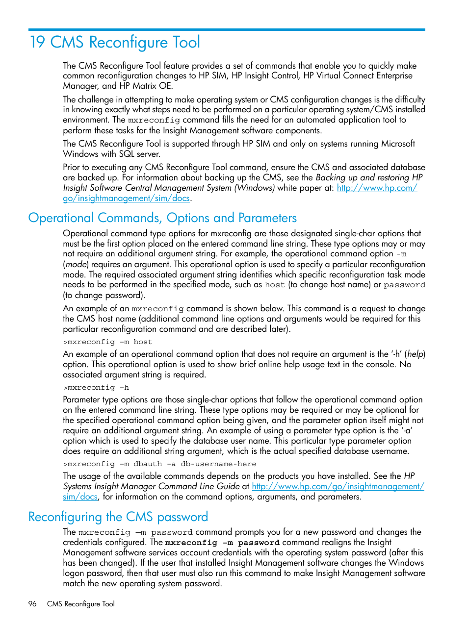 19 cms reconfigure tool, Operational commands, options and parameters, Reconfiguring the cms password | HP Systems Insight Manager User Manual | Page 96 / 259