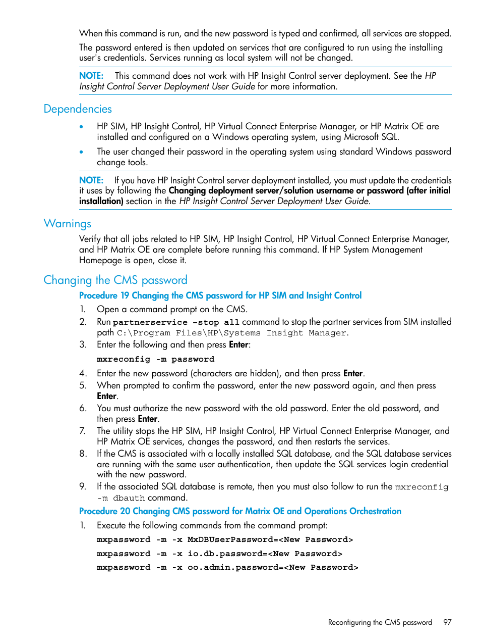 Dependencies, Warnings, Changing the cms password | Dependencies warnings changing the cms password | HP Systems Insight Manager User Manual | Page 97 / 259