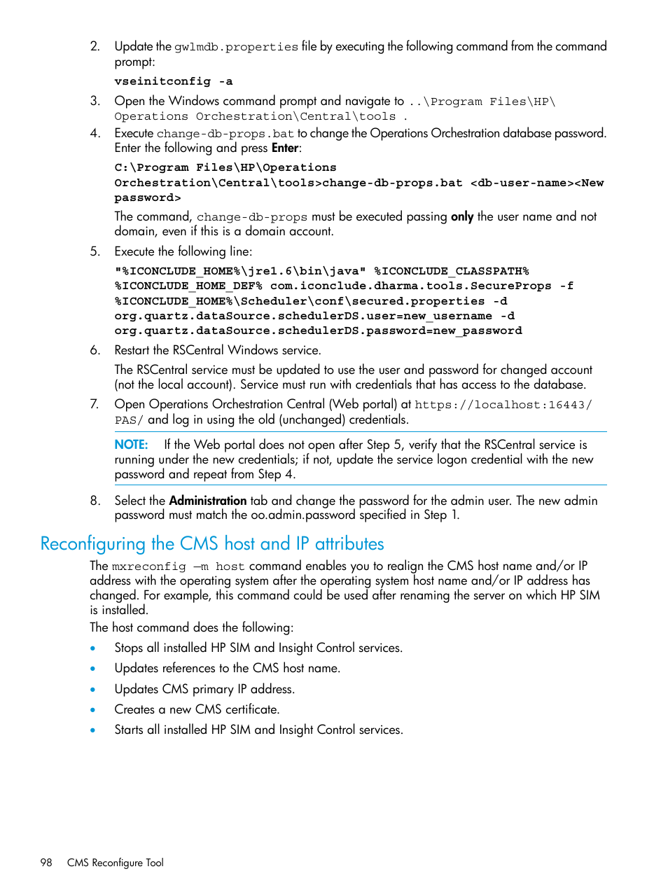 Reconfiguring the cms host and ip attributes | HP Systems Insight Manager User Manual | Page 98 / 259