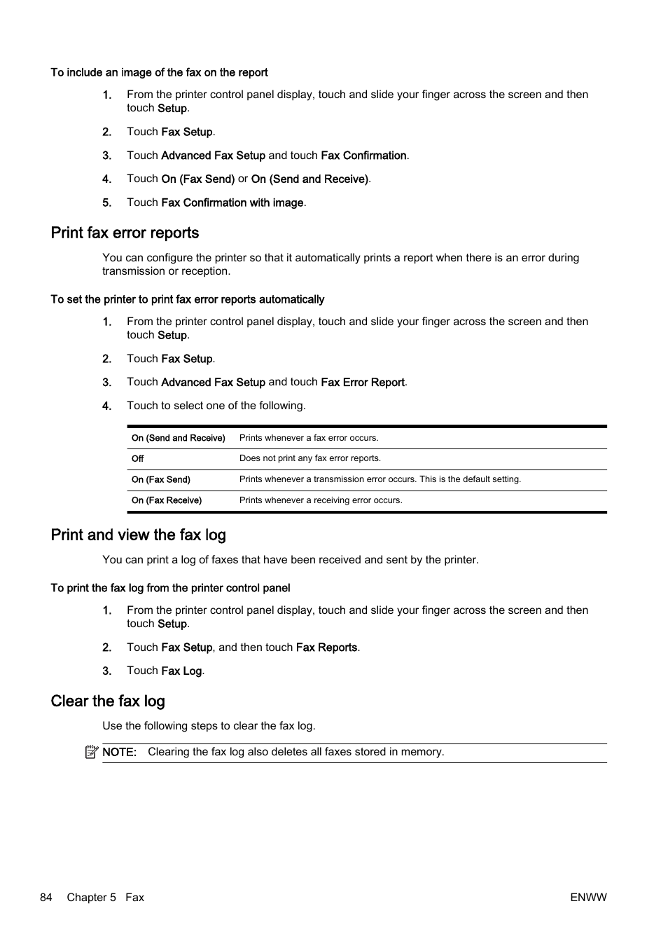 Print fax error reports, Print and view the fax log, Clear the fax log | HP Officejet Pro 8610 e-All-in-One Printer User Manual | Page 100 / 268