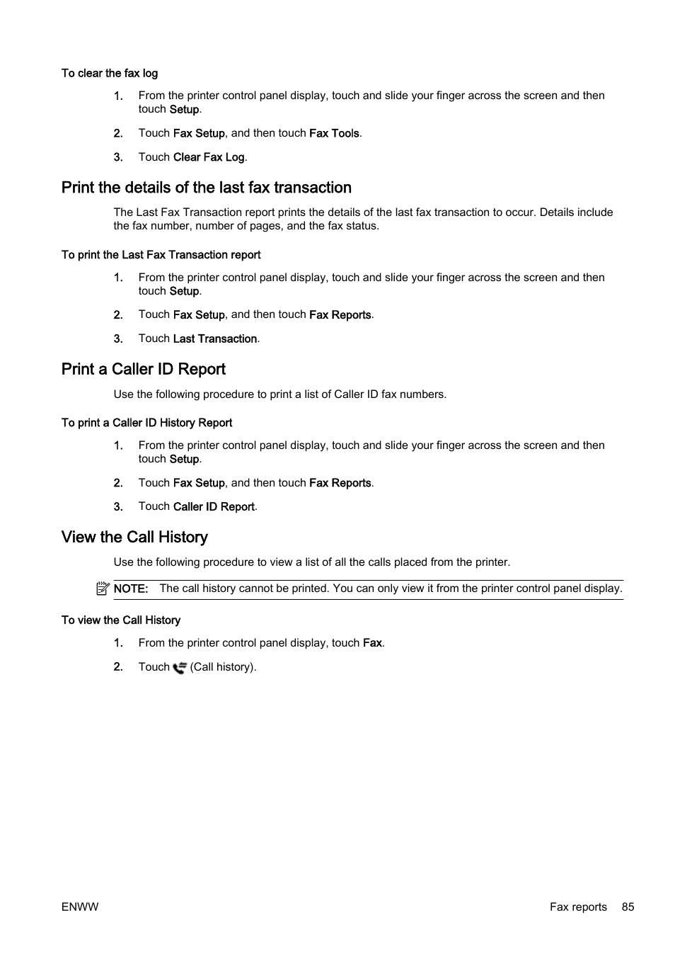 Print the details of the last fax transaction, Print a caller id report, View the call history | HP Officejet Pro 8610 e-All-in-One Printer User Manual | Page 101 / 268