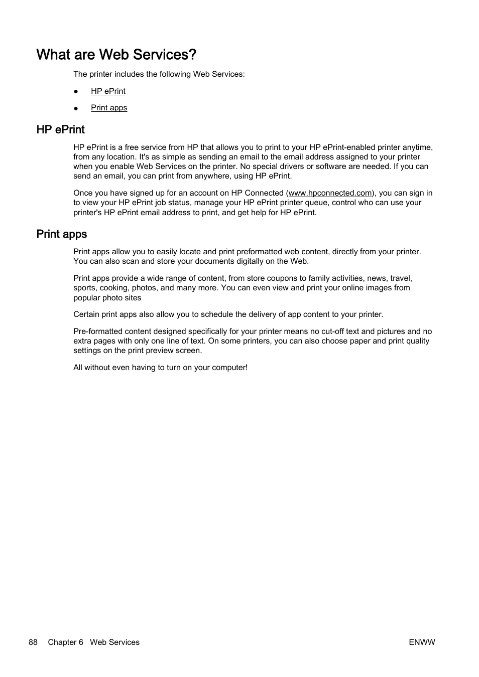 What are web services, Hp eprint, Print apps | Hp eprint print apps | HP Officejet Pro 8610 e-All-in-One Printer User Manual | Page 104 / 268