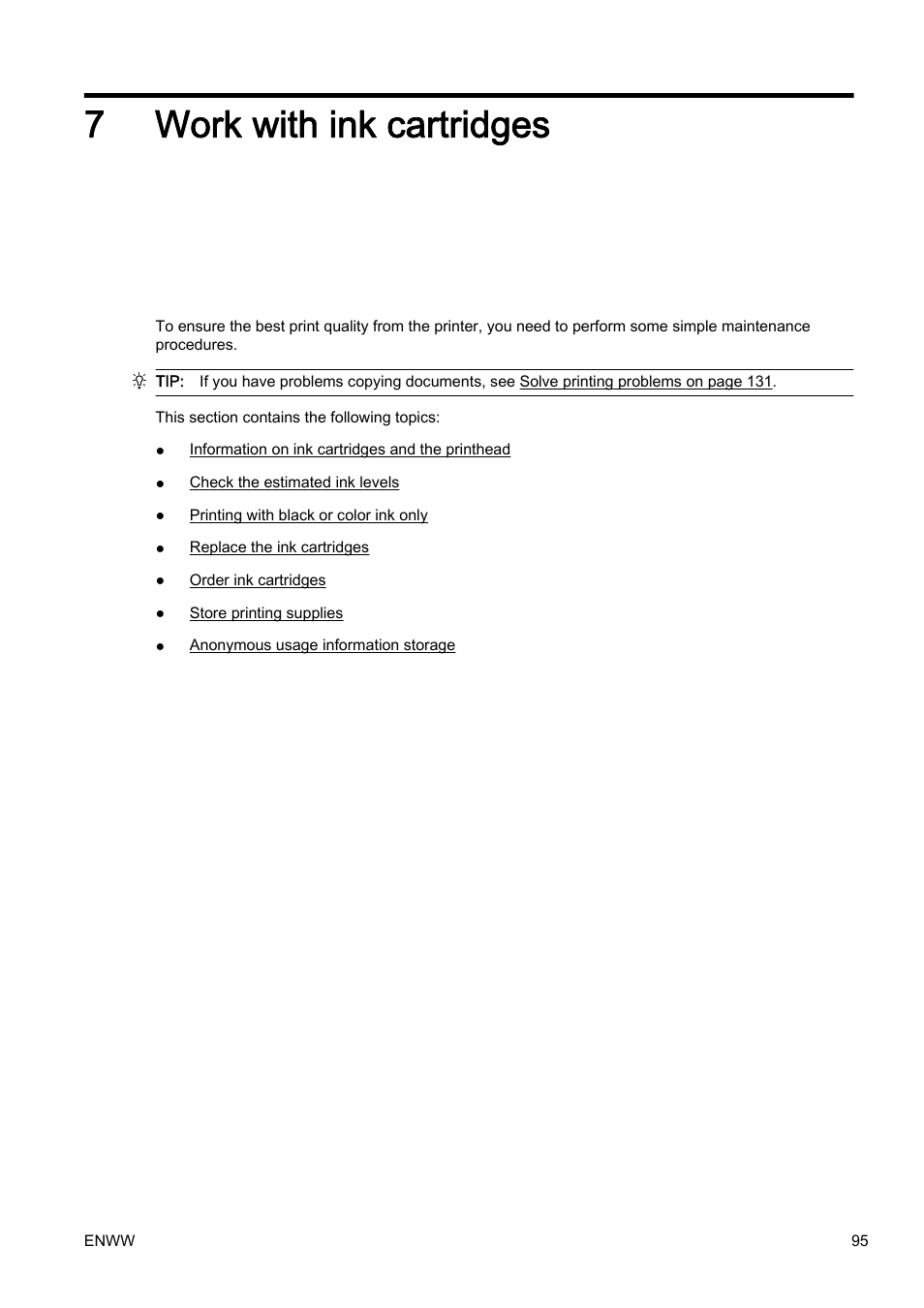 Work with ink cartridges, 7 work with ink cartridges, 7work with ink cartridges | HP Officejet Pro 8610 e-All-in-One Printer User Manual | Page 111 / 268