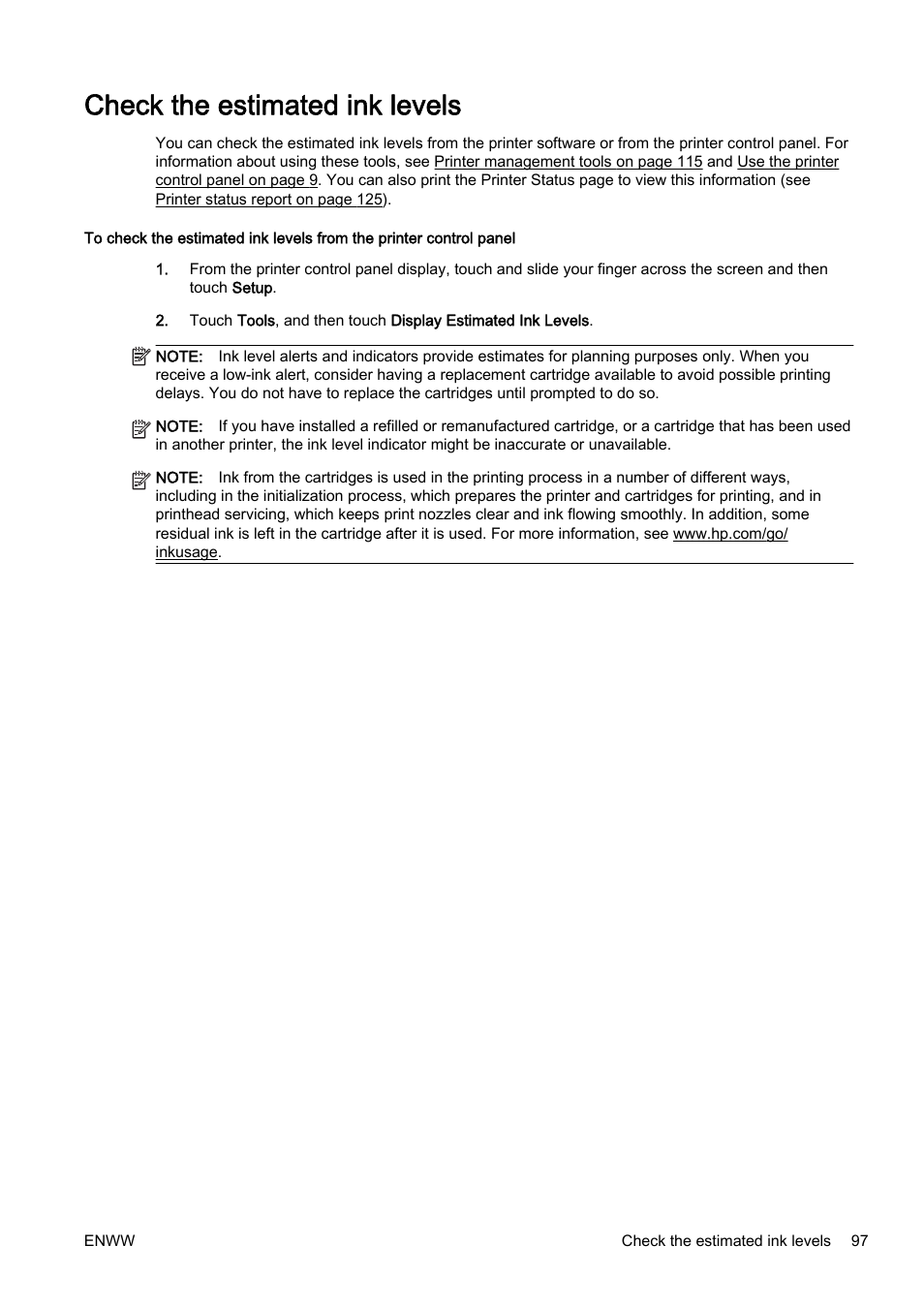 Check the estimated ink levels | HP Officejet Pro 8610 e-All-in-One Printer User Manual | Page 113 / 268