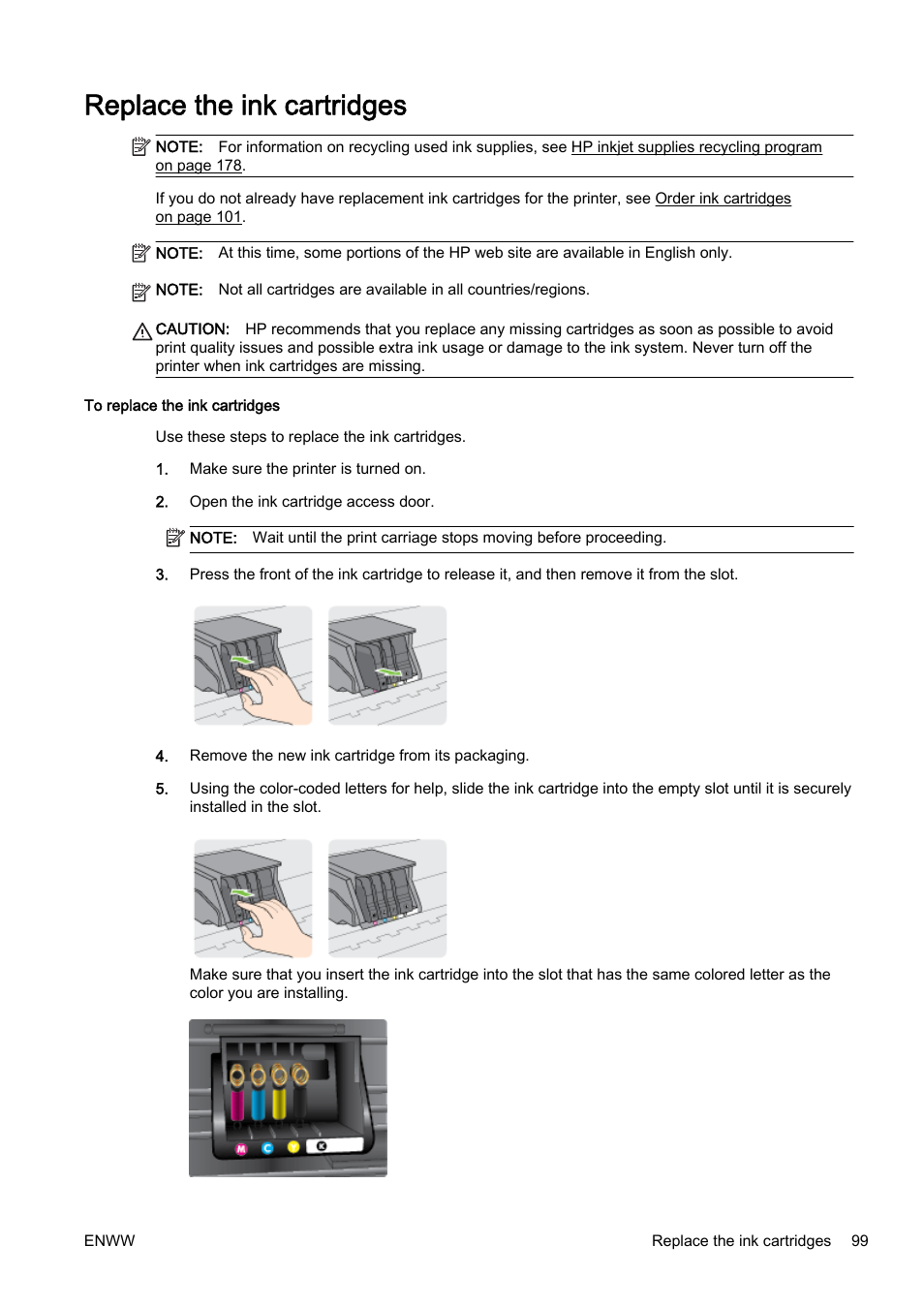 Replace the ink cartridges | HP Officejet Pro 8610 e-All-in-One Printer User Manual | Page 115 / 268