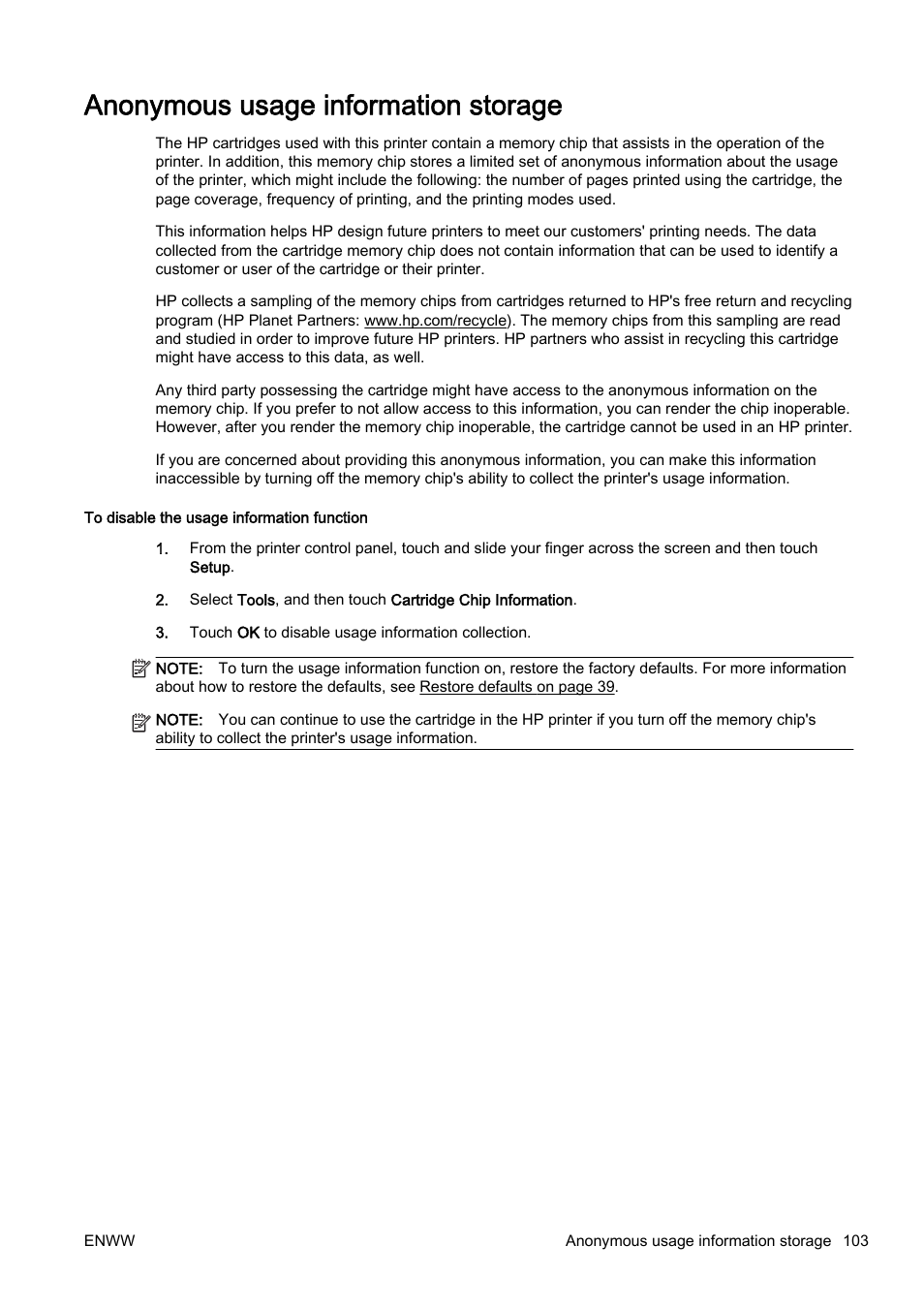 Anonymous usage information storage | HP Officejet Pro 8610 e-All-in-One Printer User Manual | Page 119 / 268
