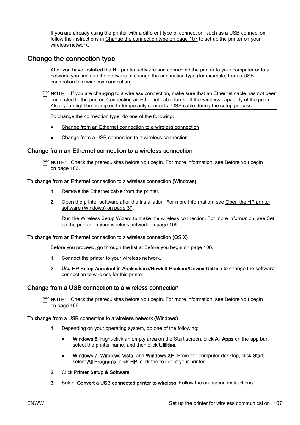 Change the connection type, Change from an ethernet connection to a wireless | HP Officejet Pro 8610 e-All-in-One Printer User Manual | Page 123 / 268