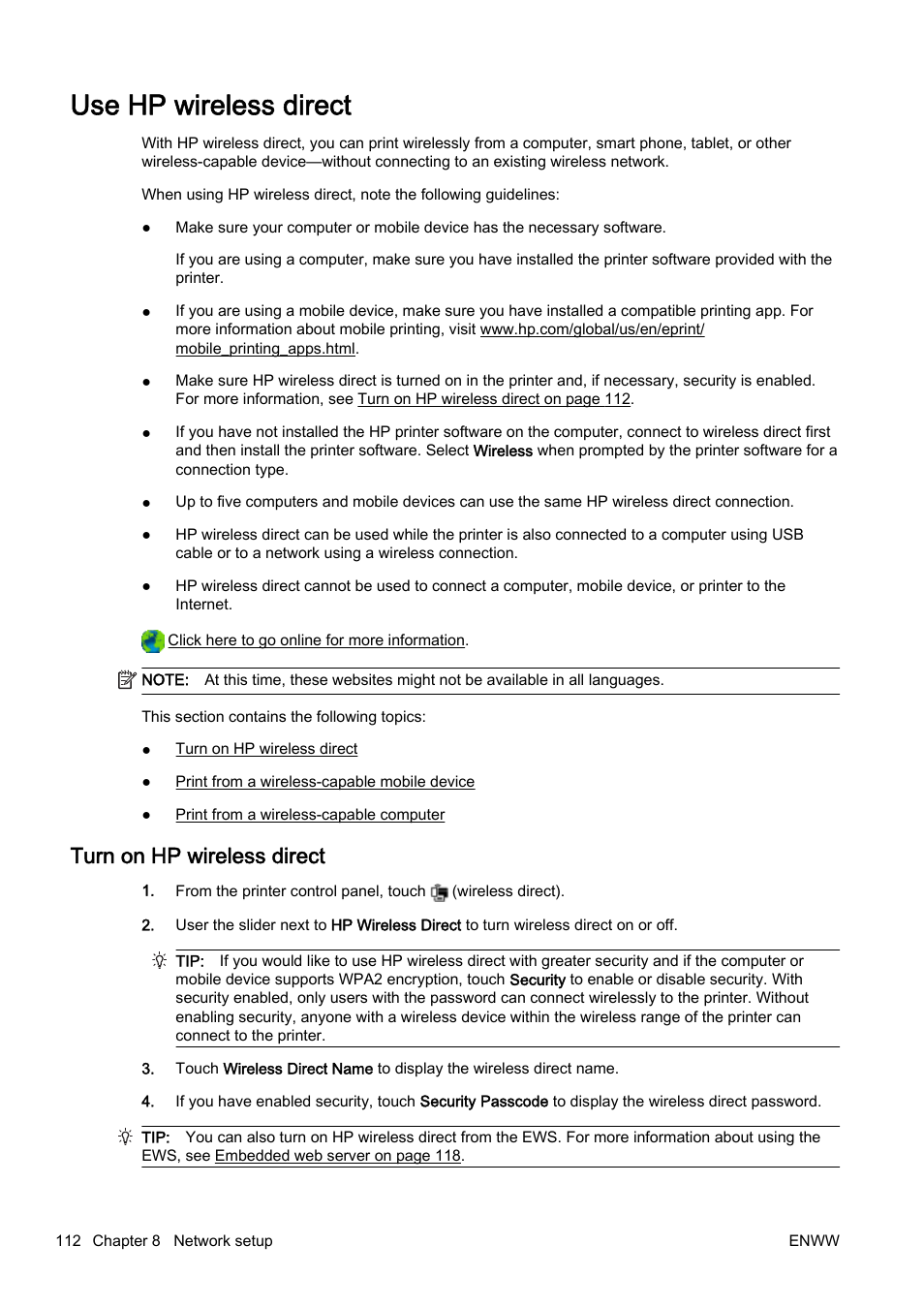 Use hp wireless direct, Turn on hp wireless direct | HP Officejet Pro 8610 e-All-in-One Printer User Manual | Page 128 / 268