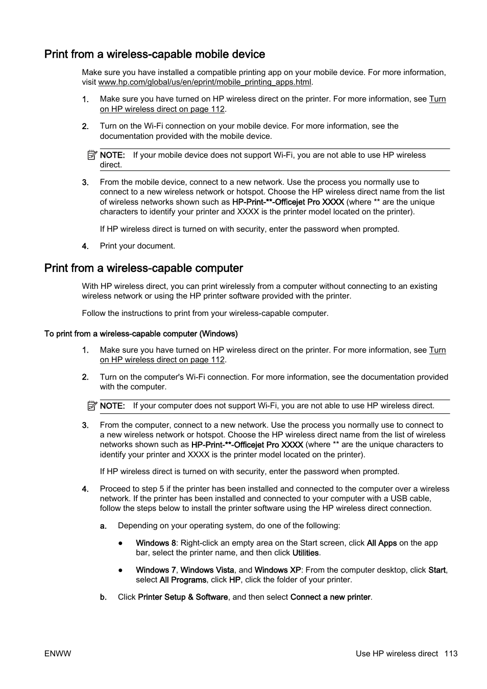 Print from a wireless-capable mobile device, Print from a wireless-capable computer | HP Officejet Pro 8610 e-All-in-One Printer User Manual | Page 129 / 268