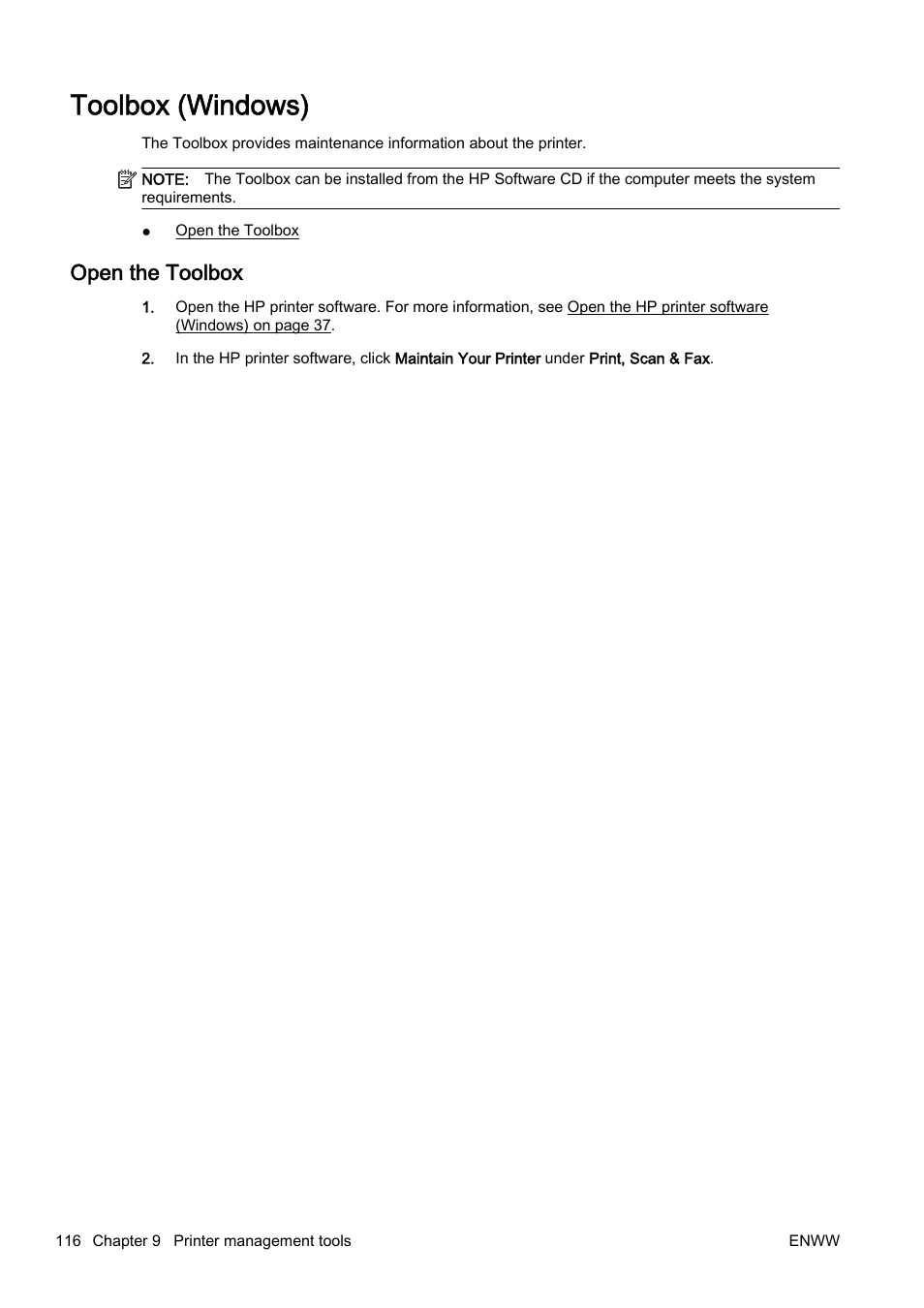 Toolbox (windows), Open the toolbox | HP Officejet Pro 8610 e-All-in-One Printer User Manual | Page 132 / 268