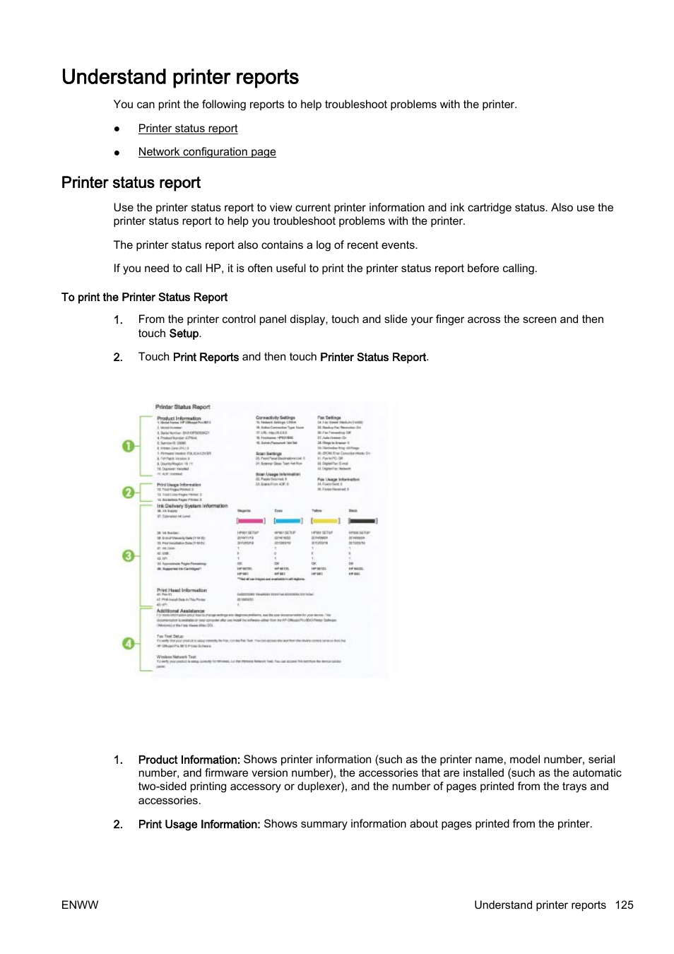 Understand printer reports, Printer status report | HP Officejet Pro 8610 e-All-in-One Printer User Manual | Page 141 / 268