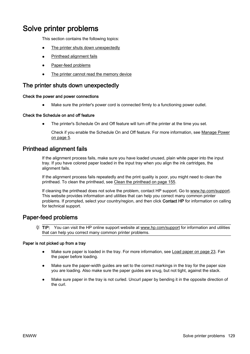 Solve printer problems, The printer shuts down unexpectedly, Printhead alignment fails | Paper-feed problems | HP Officejet Pro 8610 e-All-in-One Printer User Manual | Page 145 / 268