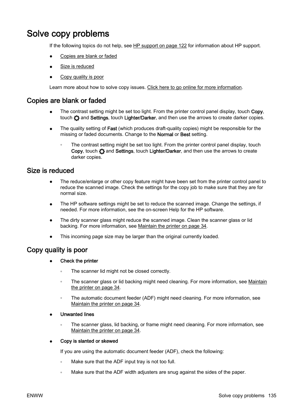 Solve copy problems, Copies are blank or faded, Size is reduced | Copy quality is poor | HP Officejet Pro 8610 e-All-in-One Printer User Manual | Page 151 / 268