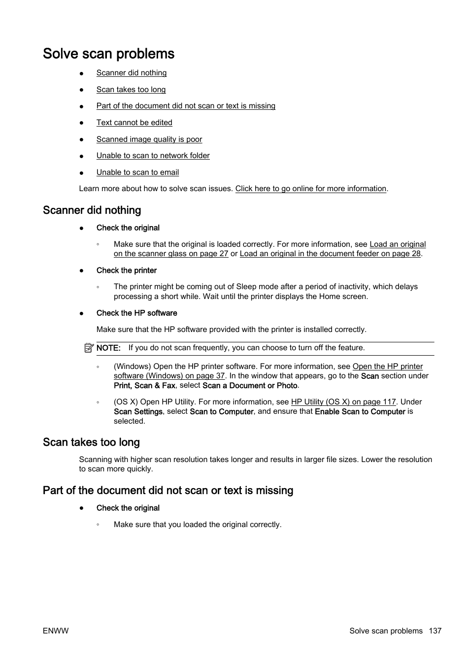 Solve scan problems, Scanner did nothing, Scan takes too long | HP Officejet Pro 8610 e-All-in-One Printer User Manual | Page 153 / 268