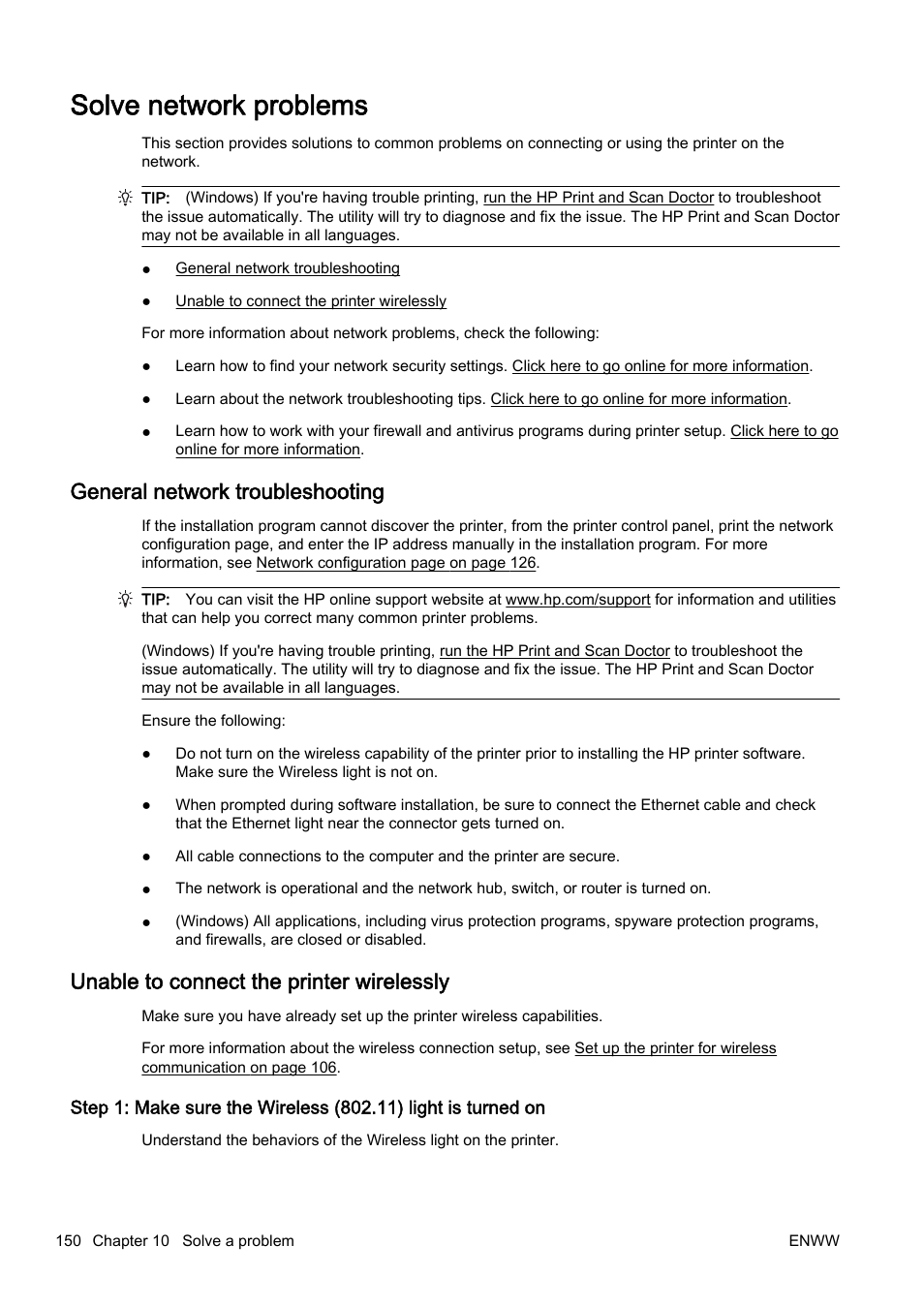Solve network problems, General network troubleshooting, Unable to connect the printer wirelessly | Unable to connect the printer, See general network | HP Officejet Pro 8610 e-All-in-One Printer User Manual | Page 166 / 268