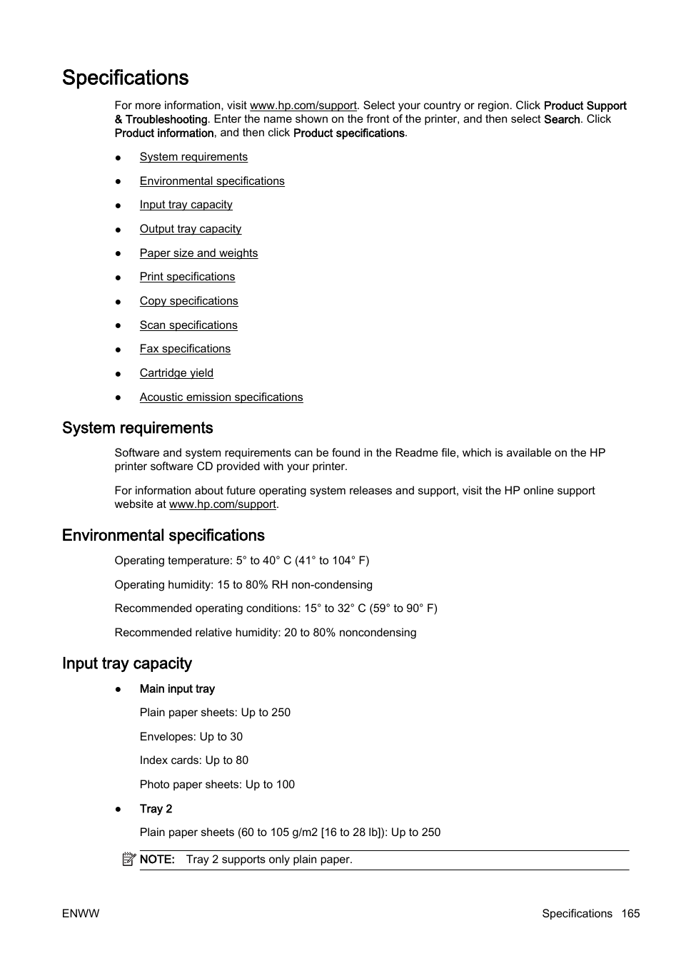 Specifications, System requirements, Environmental specifications | Input tray capacity | HP Officejet Pro 8610 e-All-in-One Printer User Manual | Page 181 / 268