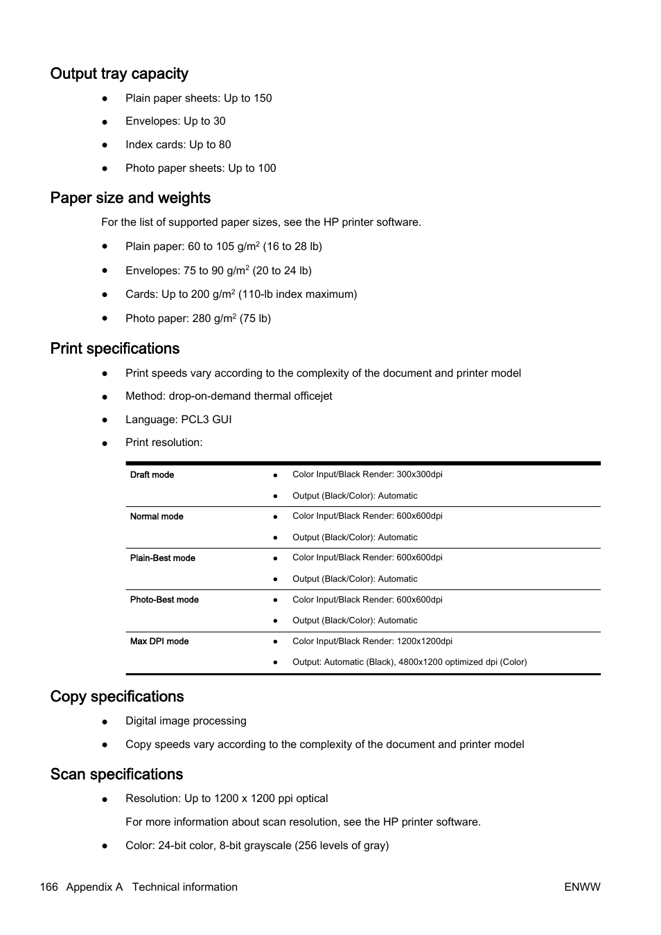 Output tray capacity, Paper size and weights, Print specifications | Copy specifications, Scan specifications, Paper size | HP Officejet Pro 8610 e-All-in-One Printer User Manual | Page 182 / 268