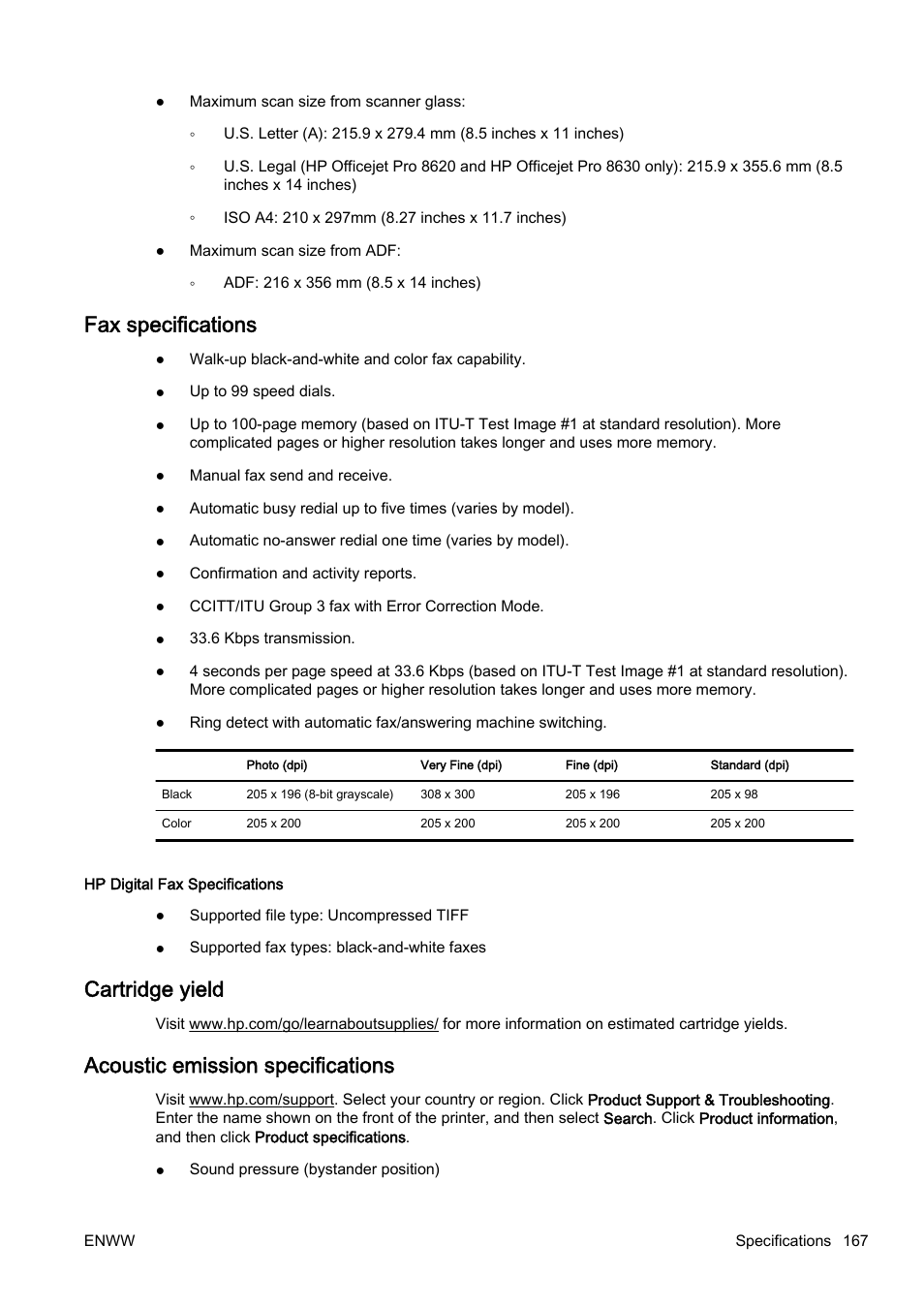 Fax specifications, Cartridge yield, Acoustic emission specifications | Fax specifications cartridge yield | HP Officejet Pro 8610 e-All-in-One Printer User Manual | Page 183 / 268