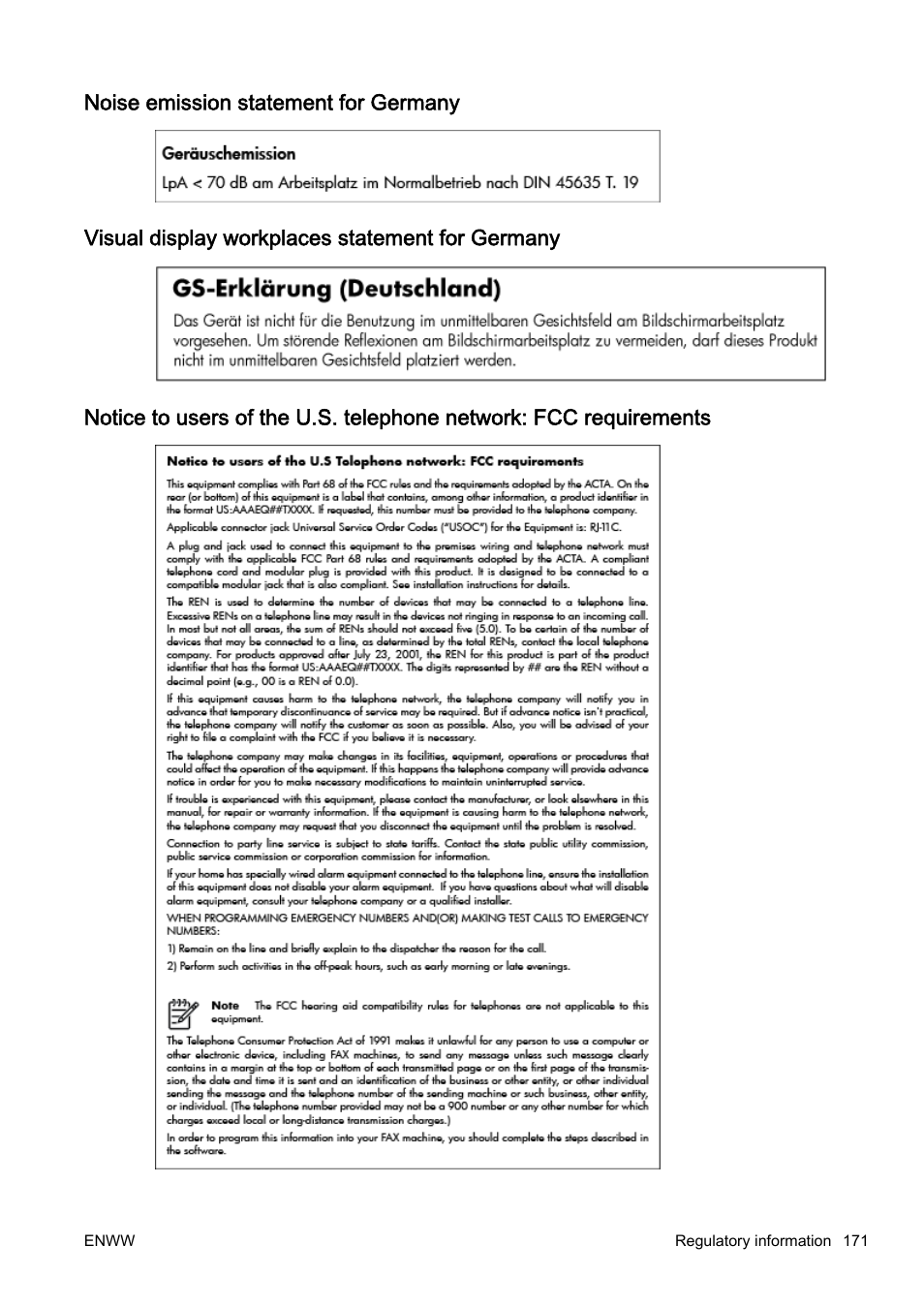 Noise emission statement for germany, Visual display workplaces statement for germany | HP Officejet Pro 8610 e-All-in-One Printer User Manual | Page 187 / 268