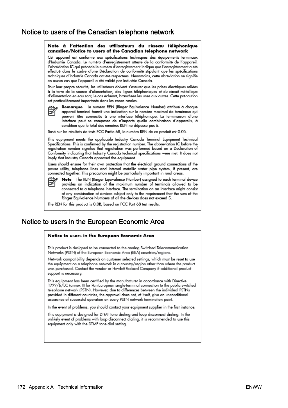 Notice to users of the canadian telephone network, Notice to users in the european economic area | HP Officejet Pro 8610 e-All-in-One Printer User Manual | Page 188 / 268