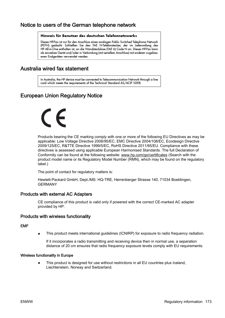 Notice to users of the german telephone network, Australia wired fax statement, European union regulatory notice | Products with external ac adapters, Products with wireless functionality | HP Officejet Pro 8610 e-All-in-One Printer User Manual | Page 189 / 268