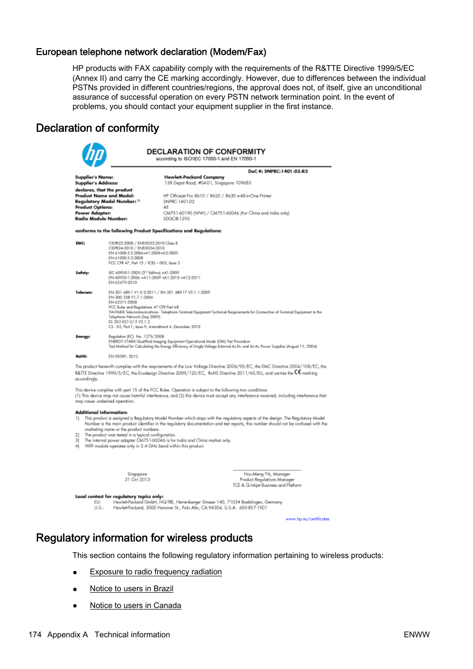 European telephone network declaration (modem/fax), Declaration of conformity, Regulatory information for wireless products | HP Officejet Pro 8610 e-All-in-One Printer User Manual | Page 190 / 268