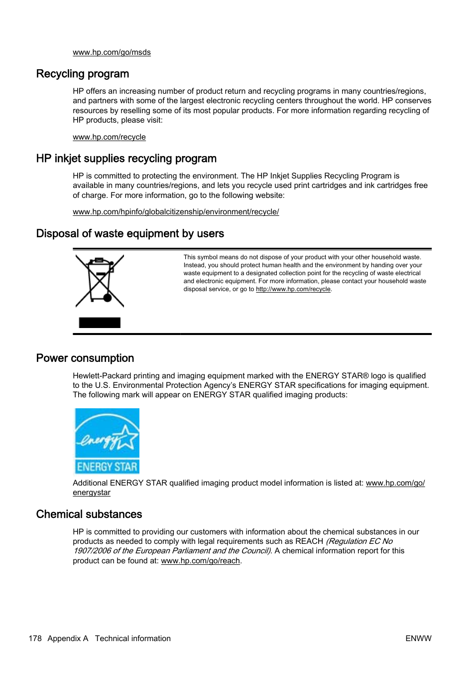 Recycling program, Hp inkjet supplies recycling program, Disposal of waste equipment by users | Power consumption, Chemical substances | HP Officejet Pro 8610 e-All-in-One Printer User Manual | Page 194 / 268