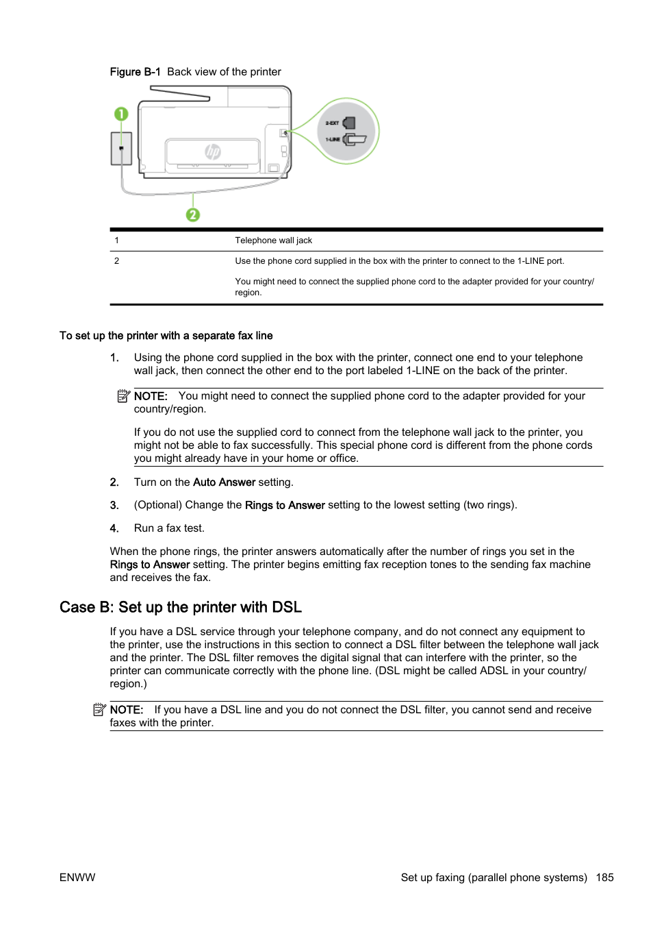 Case b: set up the printer with dsl, Case b: set up the printer | HP Officejet Pro 8610 e-All-in-One Printer User Manual | Page 201 / 268