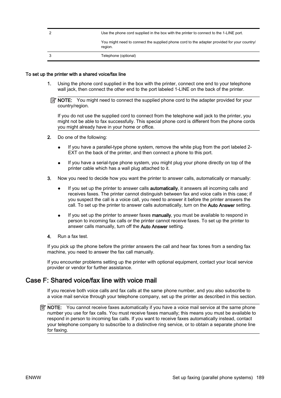 Case f: shared voice/fax line with voice mail, Case f: shared voice/fax, Line with voice mail | HP Officejet Pro 8610 e-All-in-One Printer User Manual | Page 205 / 268