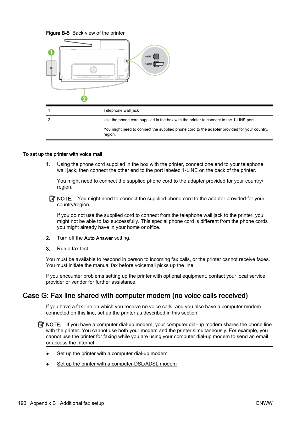 Case g: fax line shared, With computer modem (no, Voice calls received) | HP Officejet Pro 8610 e-All-in-One Printer User Manual | Page 206 / 268
