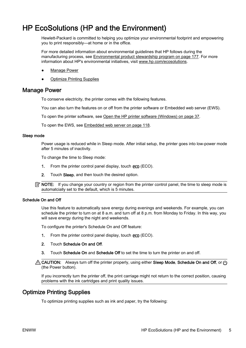 Hp ecosolutions (hp and the environment), Manage power, Optimize printing supplies | Manage power optimize printing supplies | HP Officejet Pro 8610 e-All-in-One Printer User Manual | Page 21 / 268