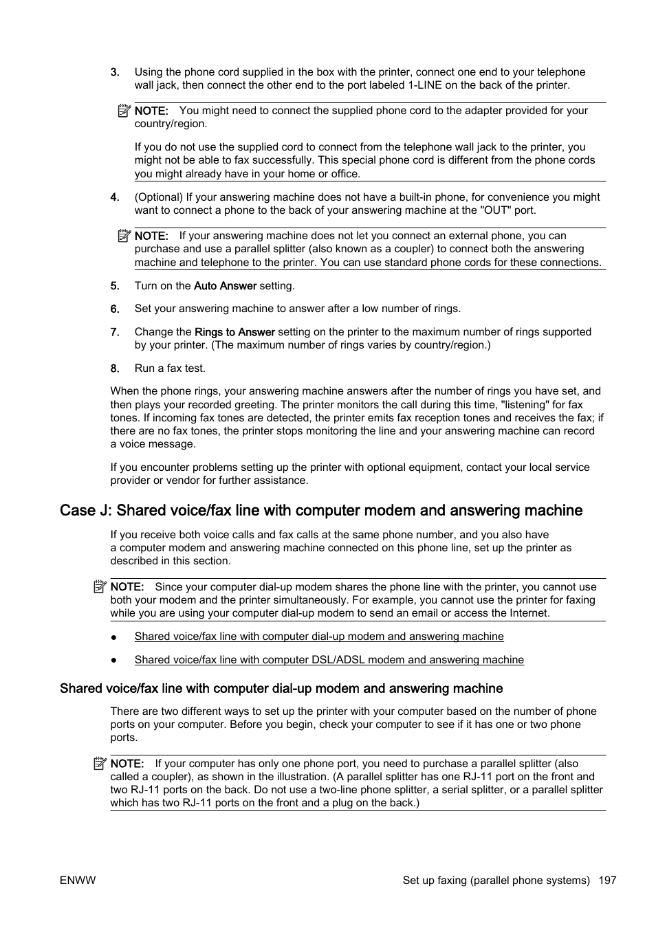 Case j: shared voice/fax, Line with computer modem, And answering machine | HP Officejet Pro 8610 e-All-in-One Printer User Manual | Page 213 / 268