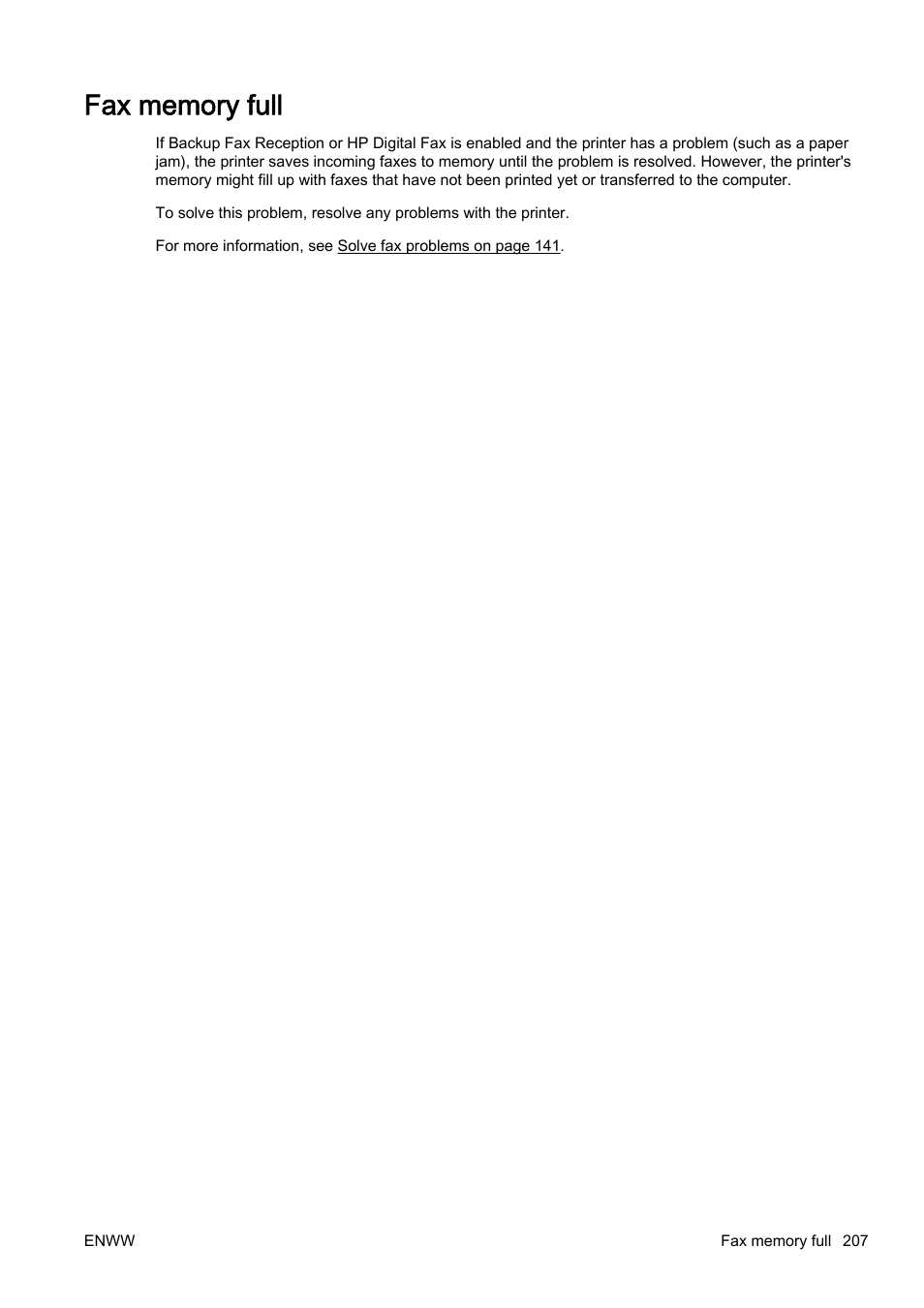Fax memory full | HP Officejet Pro 8610 e-All-in-One Printer User Manual | Page 223 / 268
