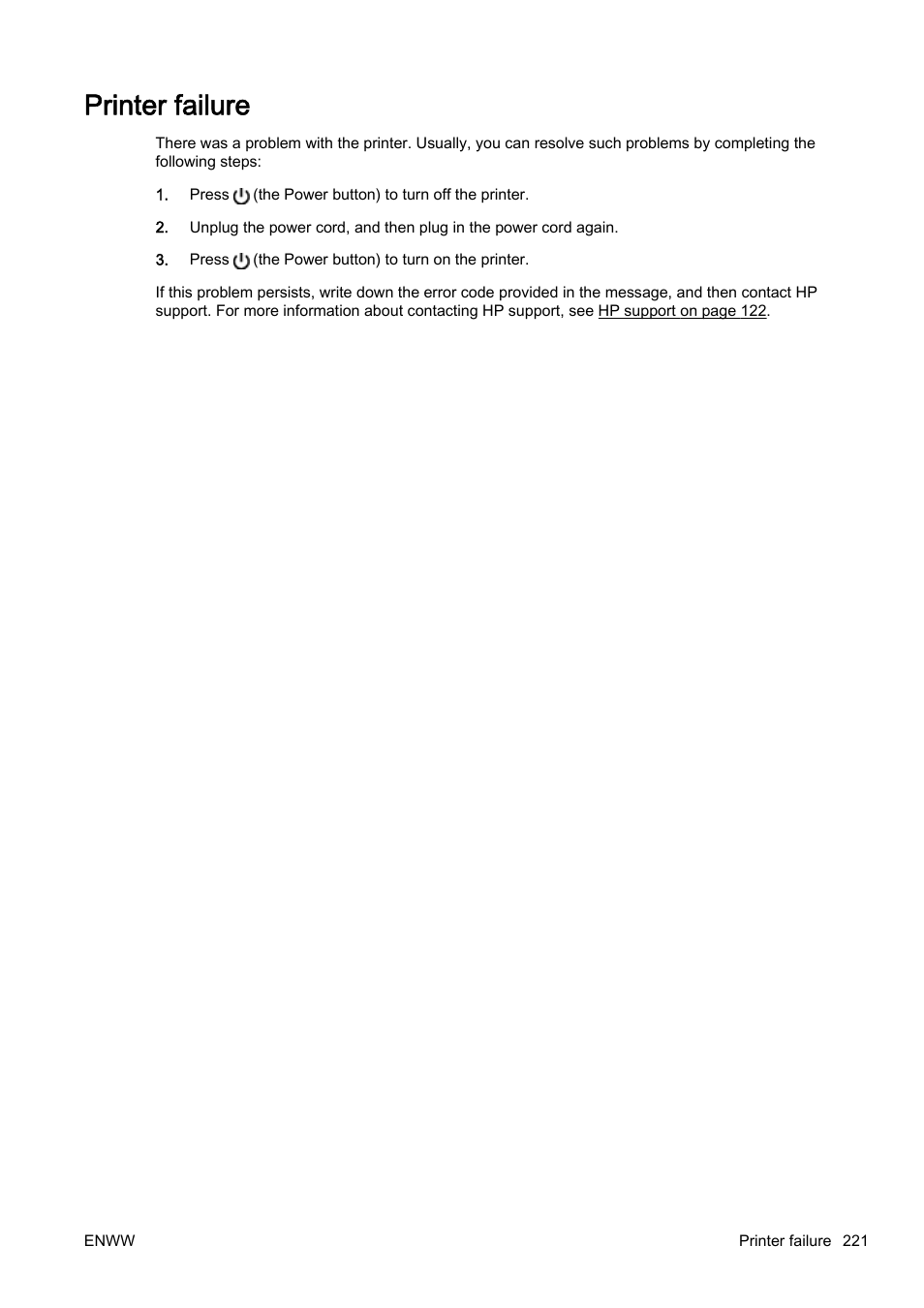 Printer failure | HP Officejet Pro 8610 e-All-in-One Printer User Manual | Page 237 / 268