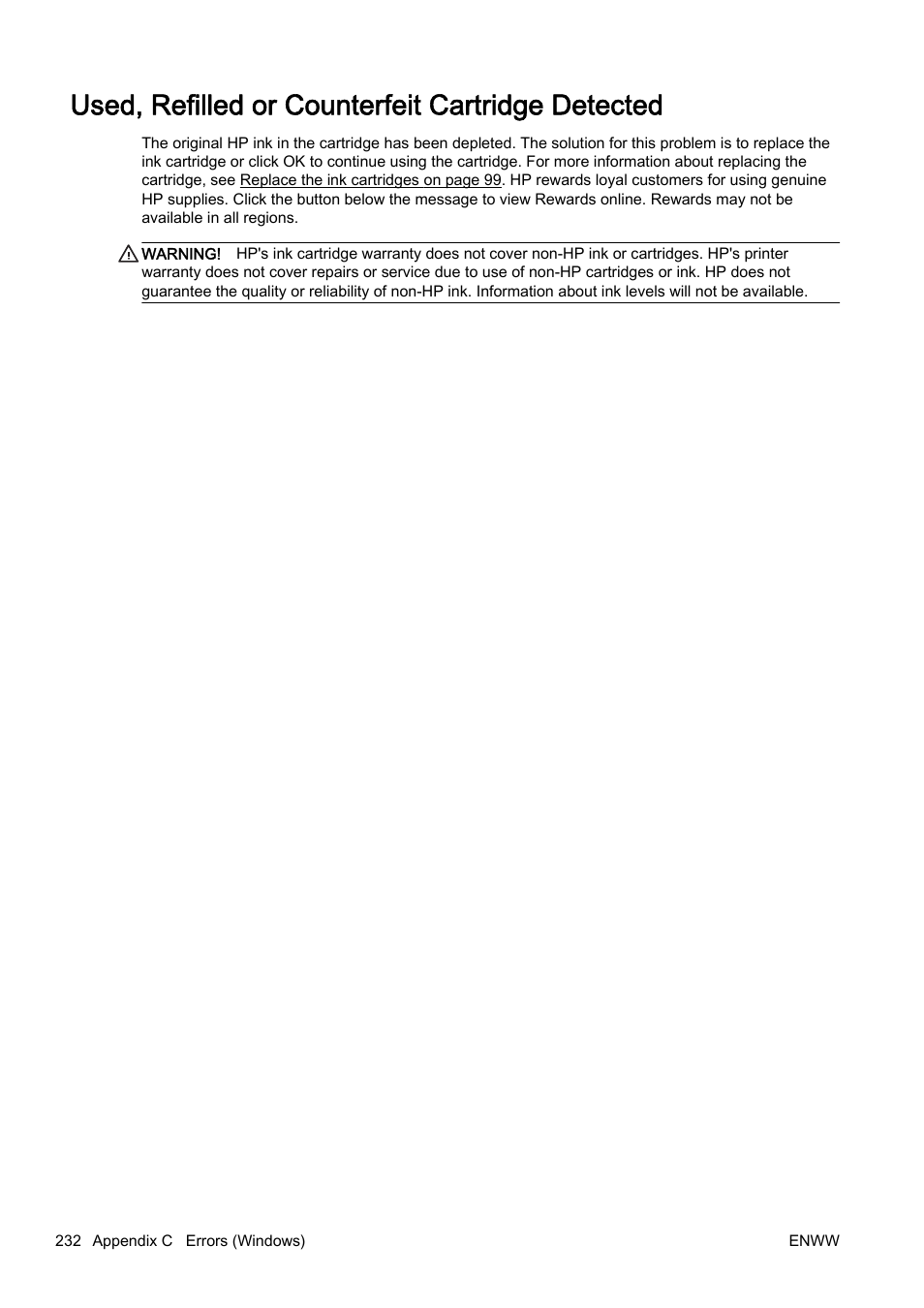 Used, refilled or counterfeit cartridge detected | HP Officejet Pro 8610 e-All-in-One Printer User Manual | Page 248 / 268