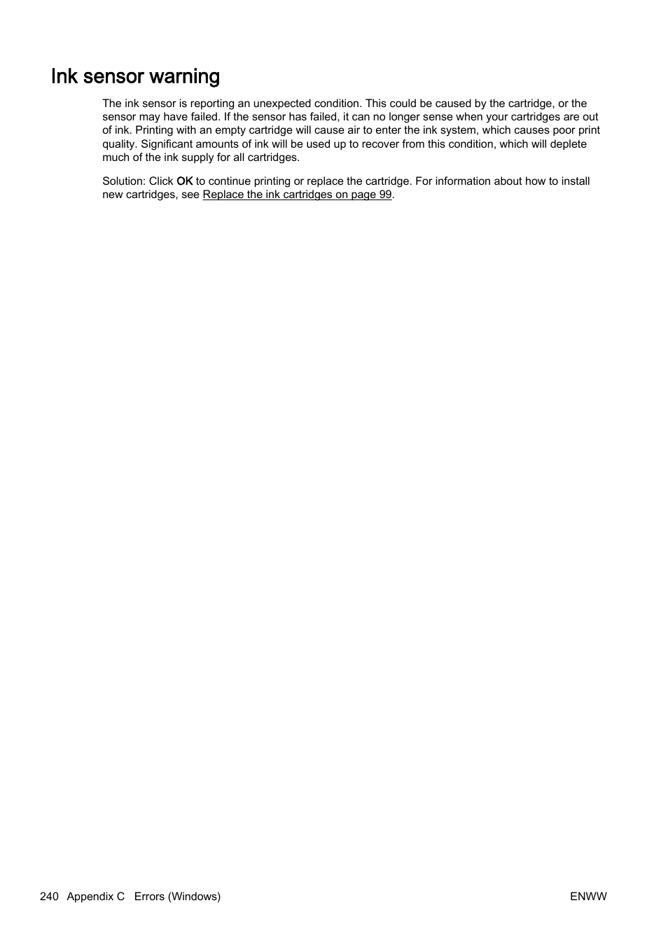 Ink sensor warning | HP Officejet Pro 8610 e-All-in-One Printer User Manual | Page 256 / 268