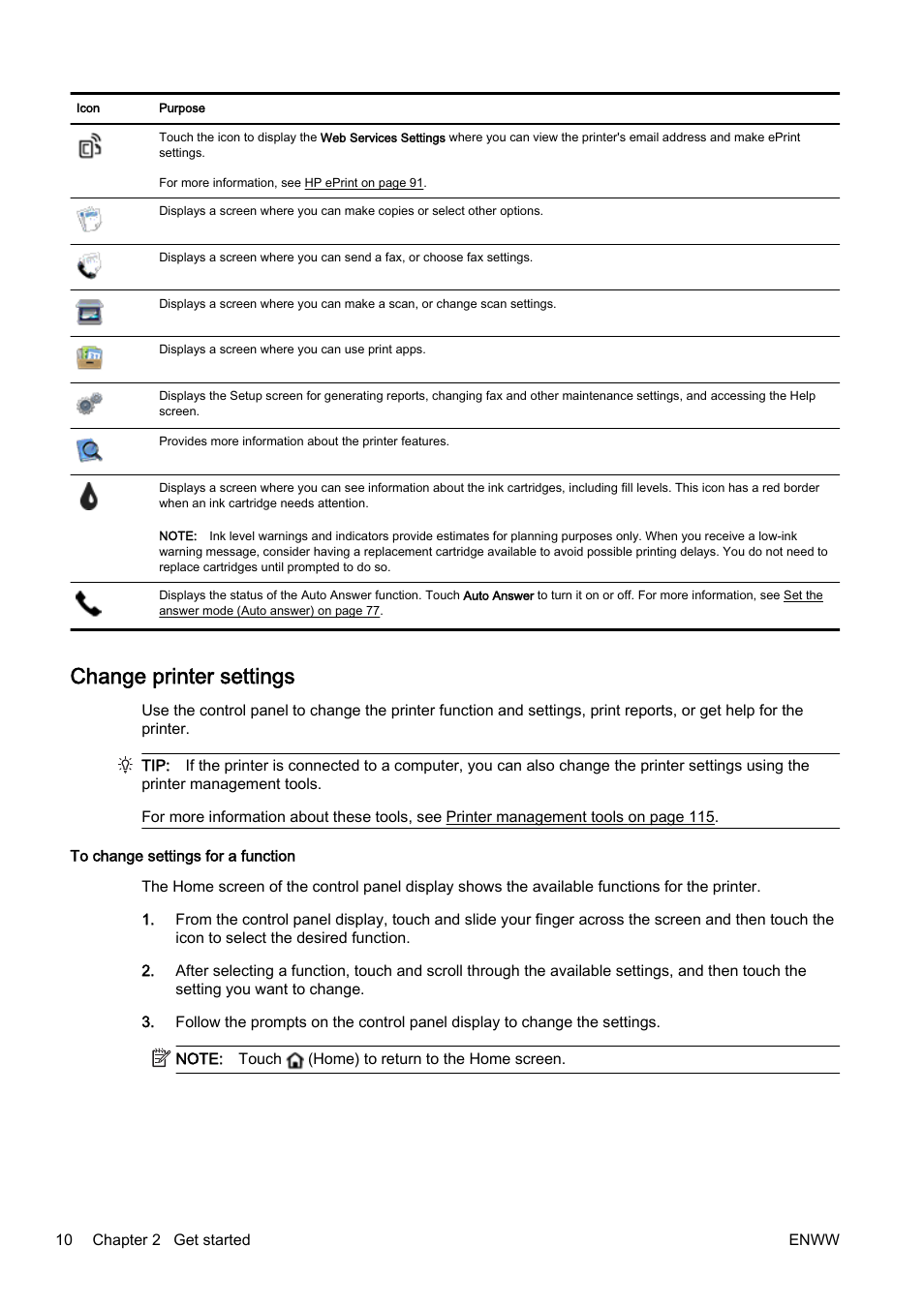 Change printer settings | HP Officejet Pro 8610 e-All-in-One Printer User Manual | Page 26 / 268