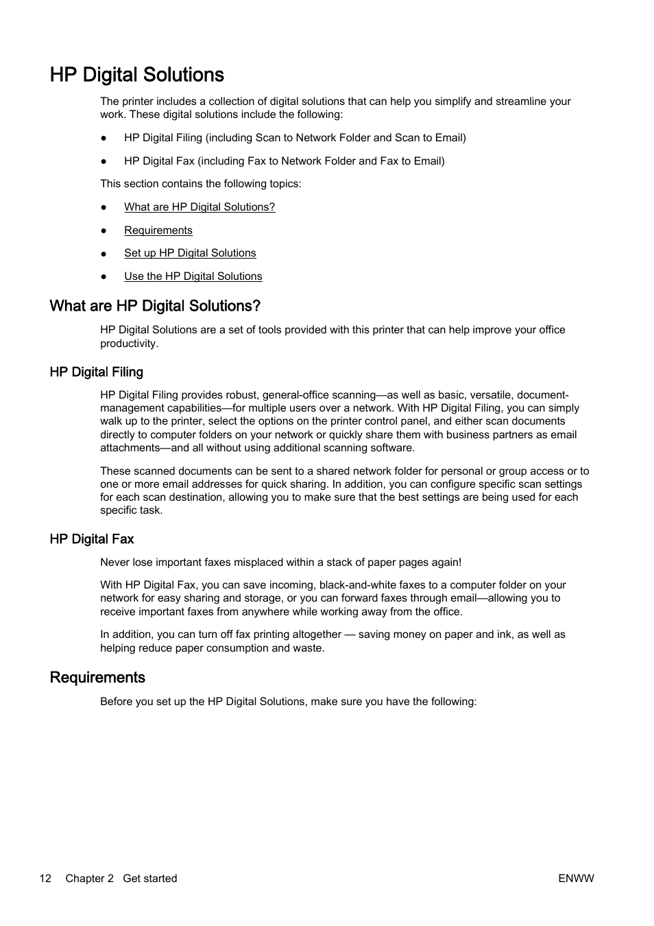 Hp digital solutions, What are hp digital solutions, Hp digital filing | Hp digital fax, Requirements, Hp digital filing hp digital fax | HP Officejet Pro 8610 e-All-in-One Printer User Manual | Page 28 / 268