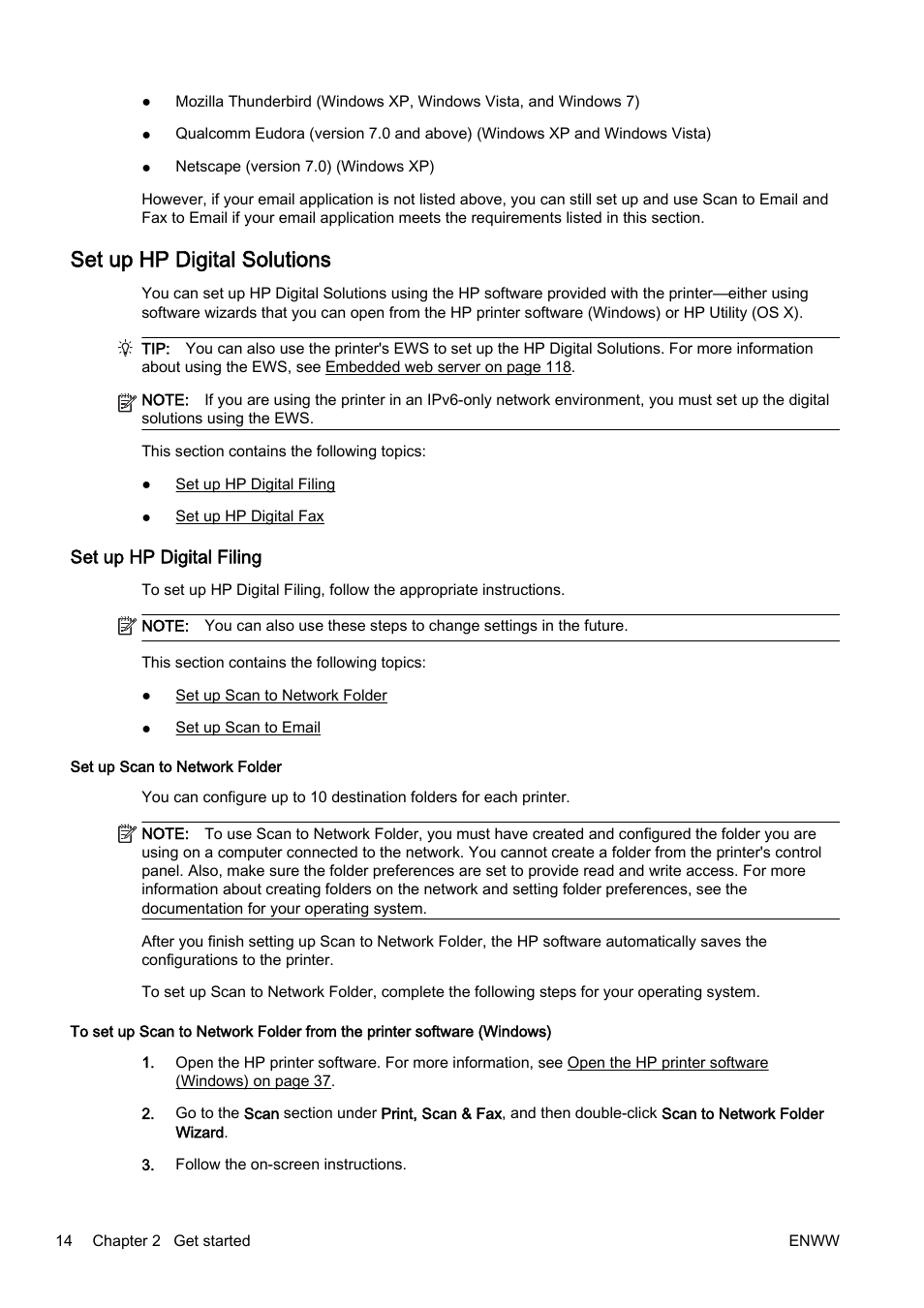 Set up hp digital solutions, Set up hp digital filing, Set up scan to network folder | HP Officejet Pro 8610 e-All-in-One Printer User Manual | Page 30 / 268