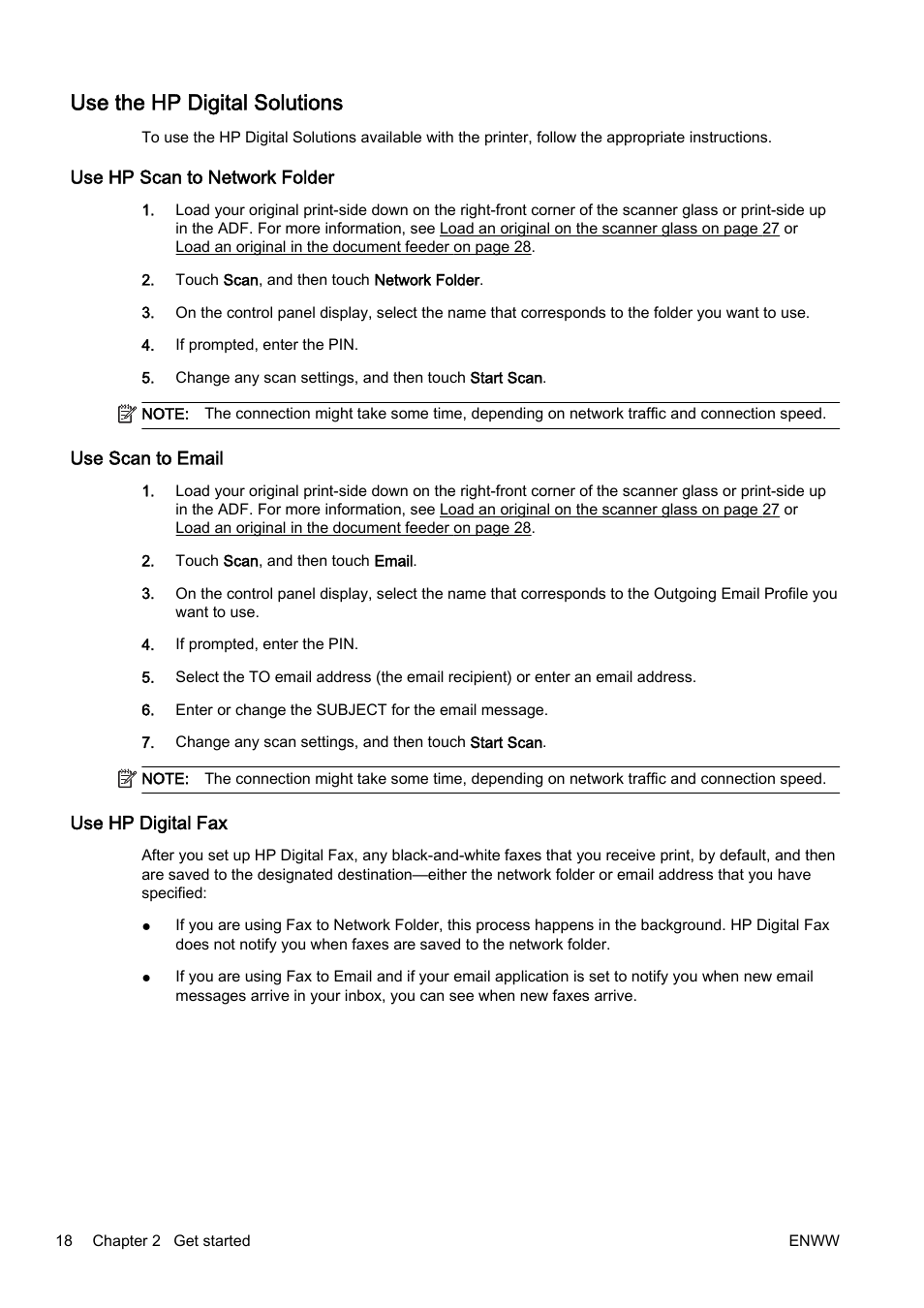 Use the hp digital solutions, Use hp scan to network folder, Use scan to email | Use hp digital fax | HP Officejet Pro 8610 e-All-in-One Printer User Manual | Page 34 / 268