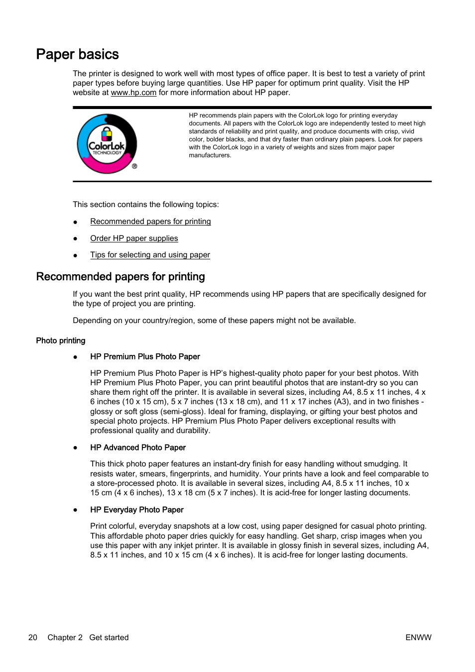 Paper basics, Recommended papers for printing | HP Officejet Pro 8610 e-All-in-One Printer User Manual | Page 36 / 268