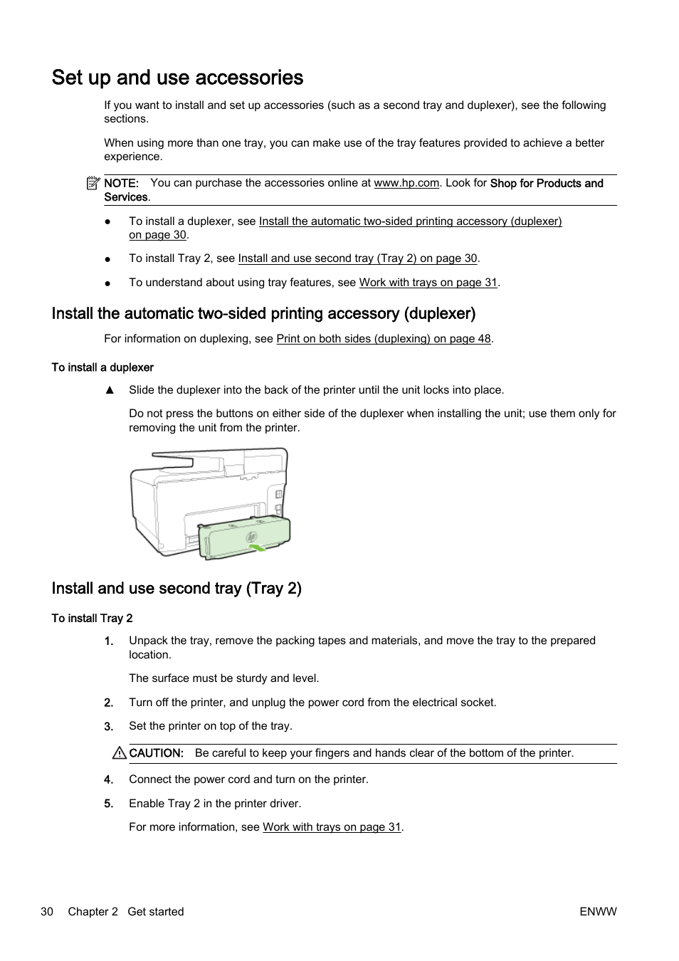 Set up and use accessories, Install and use second tray (tray 2) | HP Officejet Pro 8610 e-All-in-One Printer User Manual | Page 46 / 268