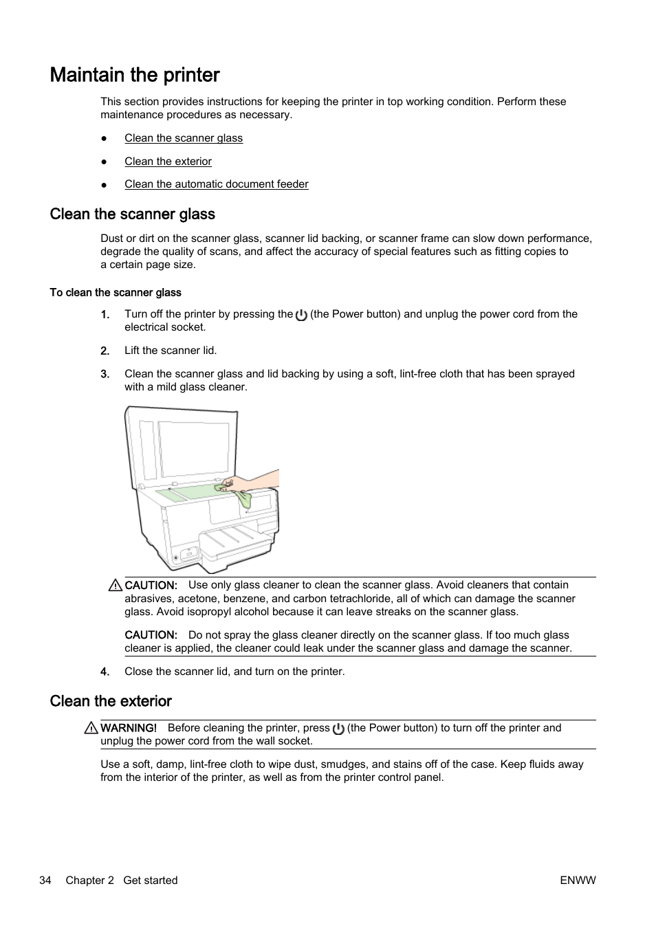 Maintain the printer, Clean the scanner glass, Clean the exterior | Clean the scanner glass clean the exterior | HP Officejet Pro 8610 e-All-in-One Printer User Manual | Page 50 / 268