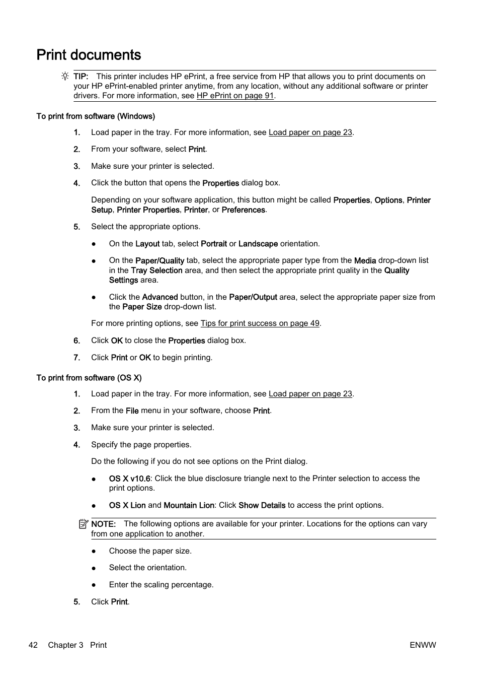 Print documents | HP Officejet Pro 8610 e-All-in-One Printer User Manual | Page 58 / 268