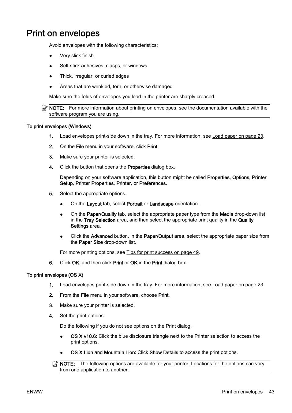 Print on envelopes | HP Officejet Pro 8610 e-All-in-One Printer User Manual | Page 59 / 268