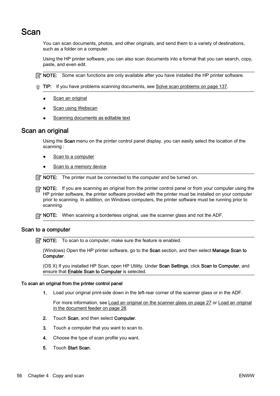 Scan, Scan an original, Scan to a computer | HP Officejet Pro 8610 e-All-in-One Printer User Manual | Page 72 / 268
