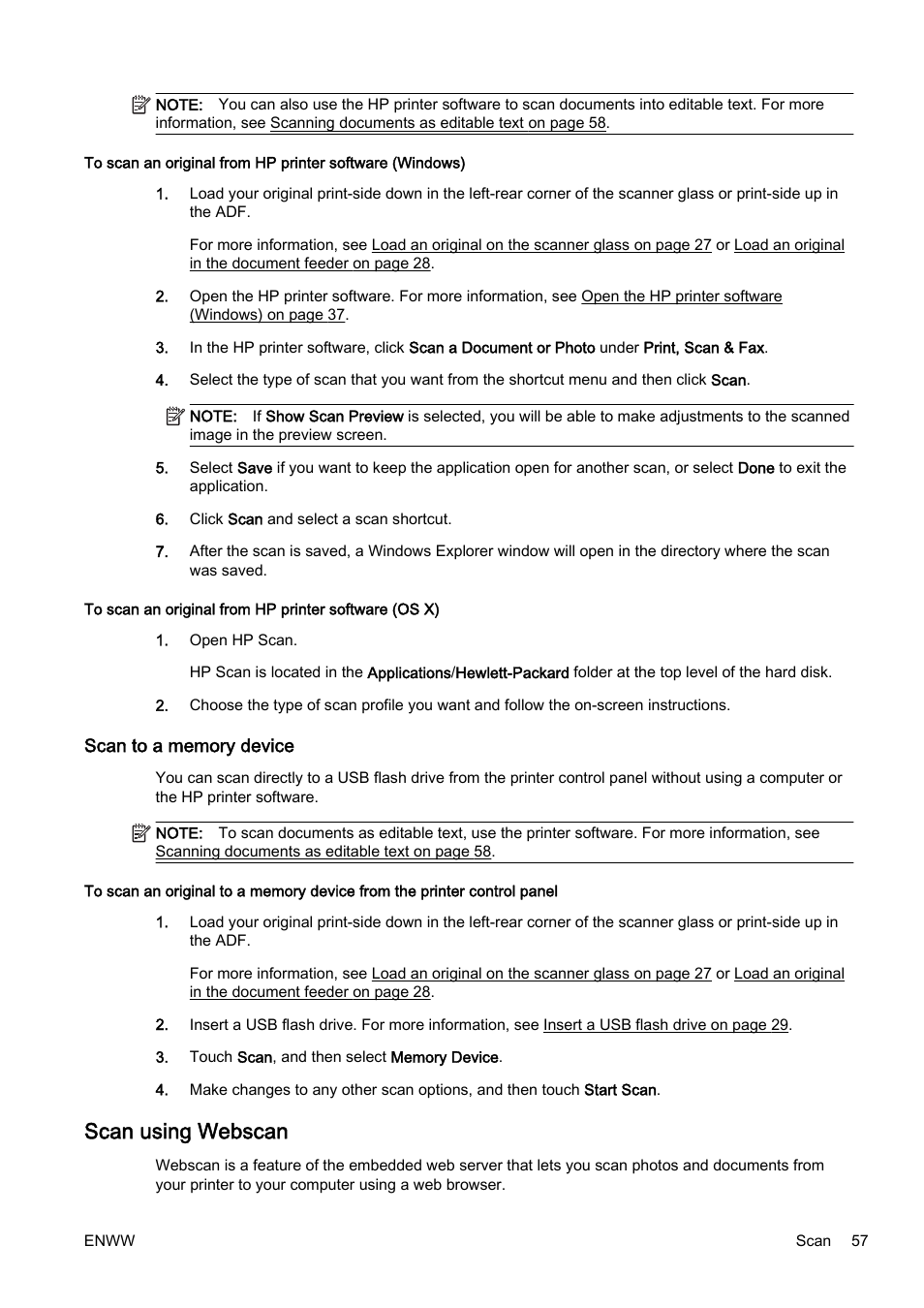 Scan to a memory device, Scan using webscan | HP Officejet Pro 8610 e-All-in-One Printer User Manual | Page 73 / 268