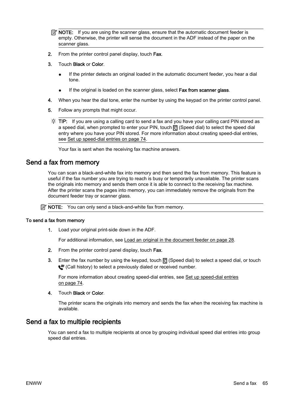 Send a fax from memory, Send a fax to multiple recipients | HP Officejet Pro 8610 e-All-in-One Printer User Manual | Page 81 / 268