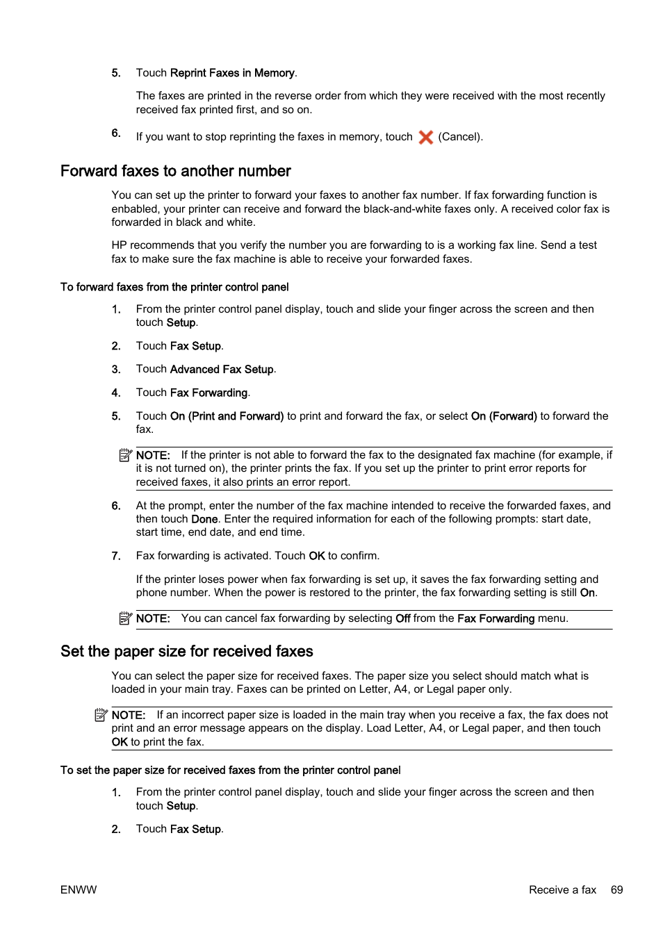 Forward faxes to another number, Set the paper size for received faxes | HP Officejet Pro 8610 e-All-in-One Printer User Manual | Page 85 / 268